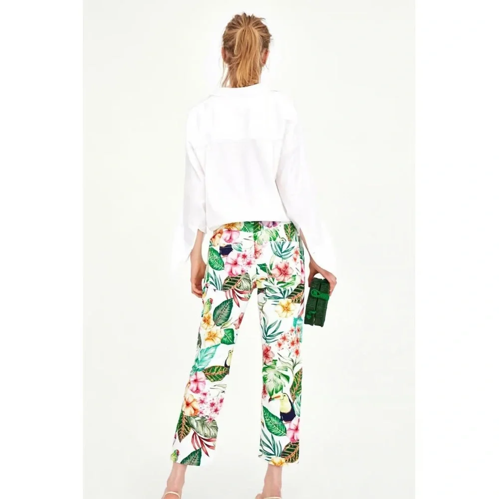 Zara Womens Pants 4 White Tropical Coastal Print Denim Straight Leg Crop Jeans - Picture 3 of 11